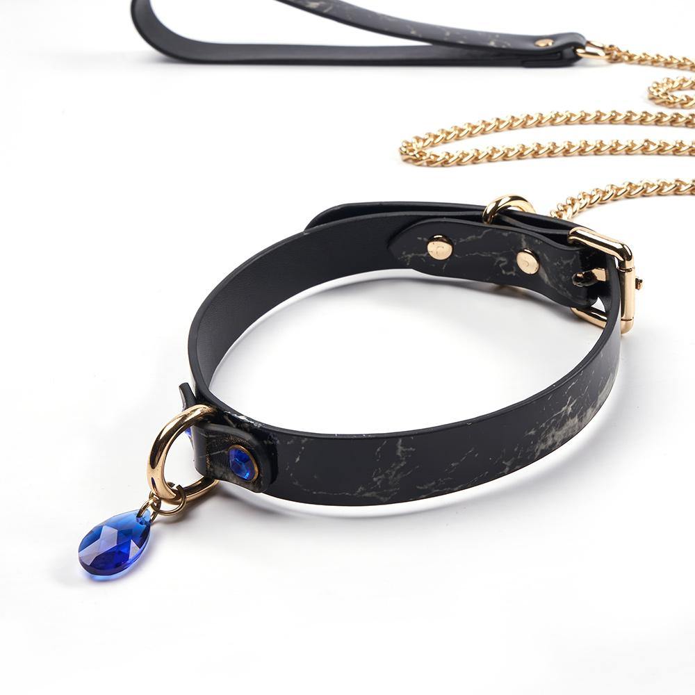 BDSM Leder Halsband Blaue und Weiße Edelsteine Metalltraktion necklace