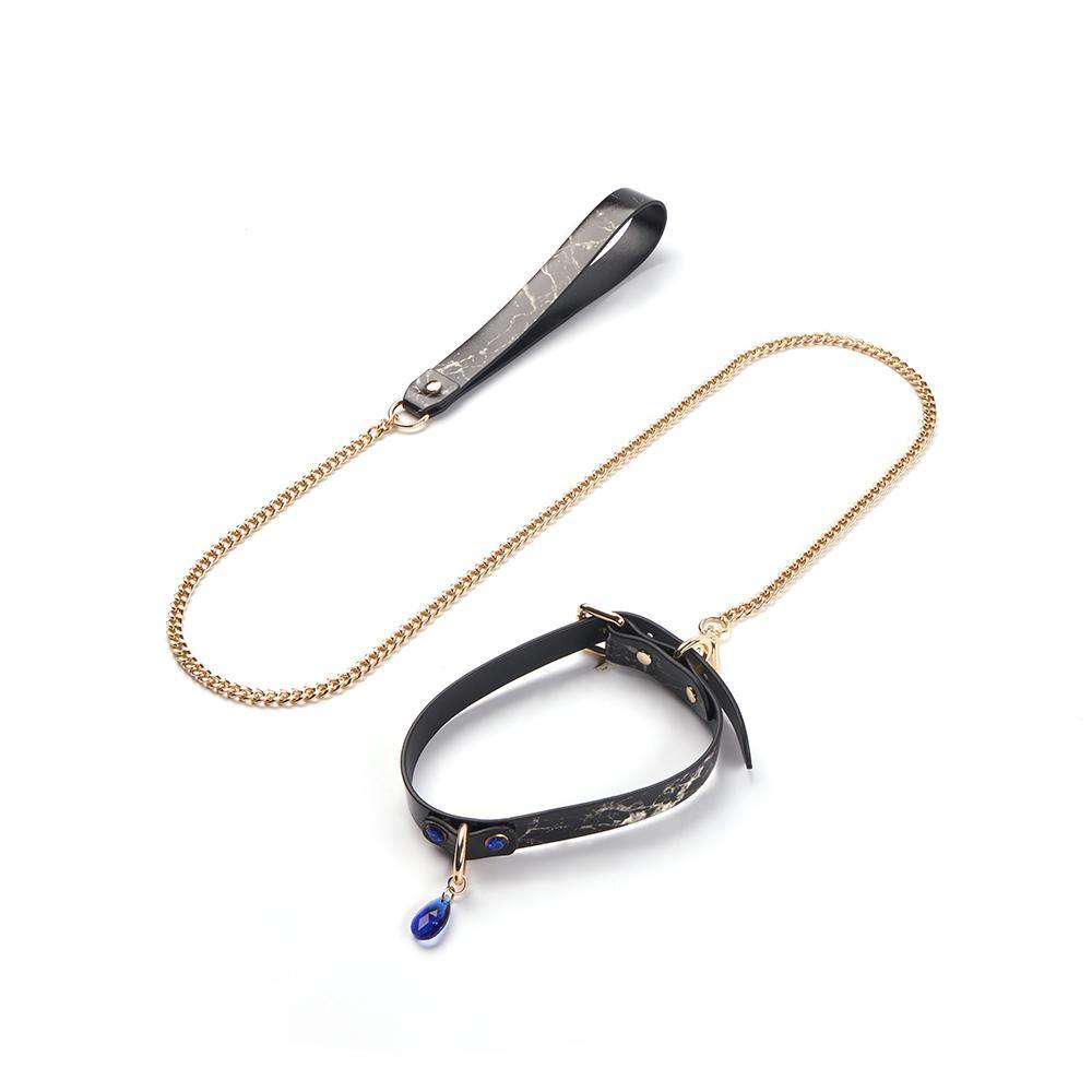 BDSM Leder Halsband Blaue und Weiße Edelsteine Metalltraktion necklace - ACMEJOY